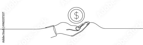 Hand holding coin continuous one line drawing. Dollar linear symbol. Savings money concept.