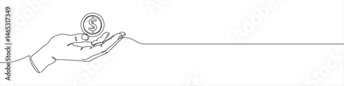 Hand holding coin continuous one line drawing. Dollar linear symbol. Savings money concept.