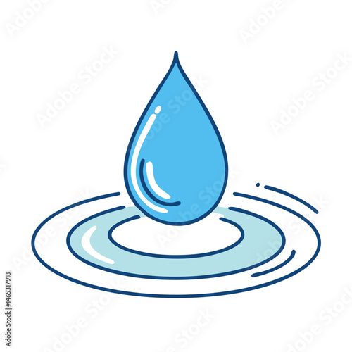 Water drop illustration with ripples, clean water, hydration, and water cycle representation concept design