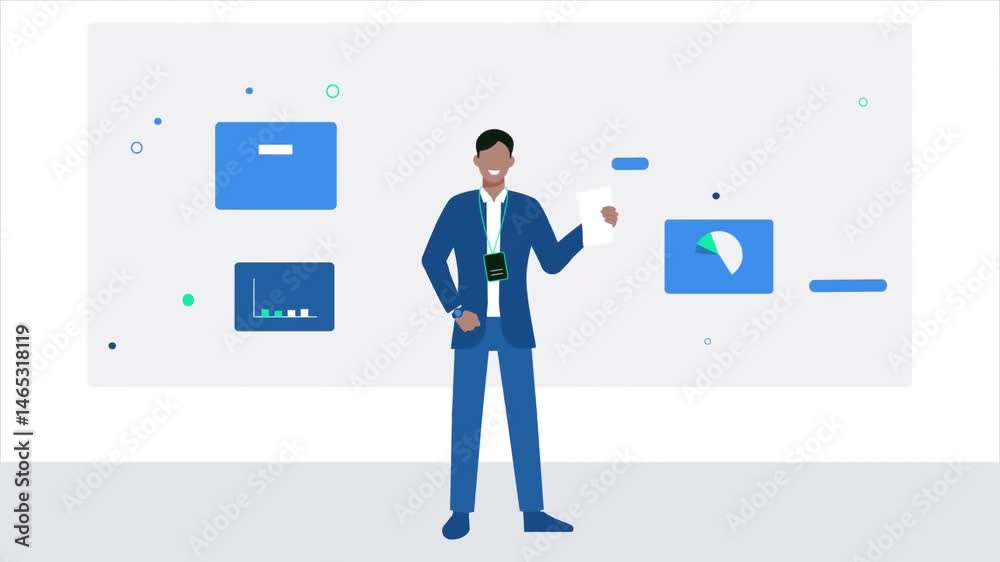 Animated businessman presenting digital charts and growth metrics in a business setting for success and strategy Animated businessman presenting digital charts and growth metrics in a business setting for success and strategy