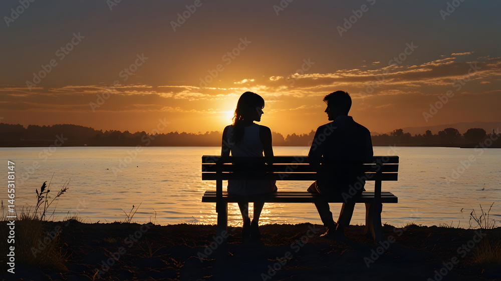 Obraz premium couple sitting on bench at sunset, , ai generated