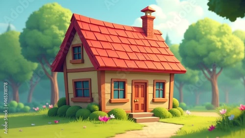 Wallpaper Mural Cartoon-style cottage in lush green landscape under blue sky. Torontodigital.ca
