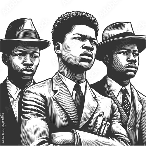 African-American group of serious men in formal suits and hats, evoking a classic historical or cultural vibe sketch engraving generative ai vector illustration. Scratch board. Black and white image.