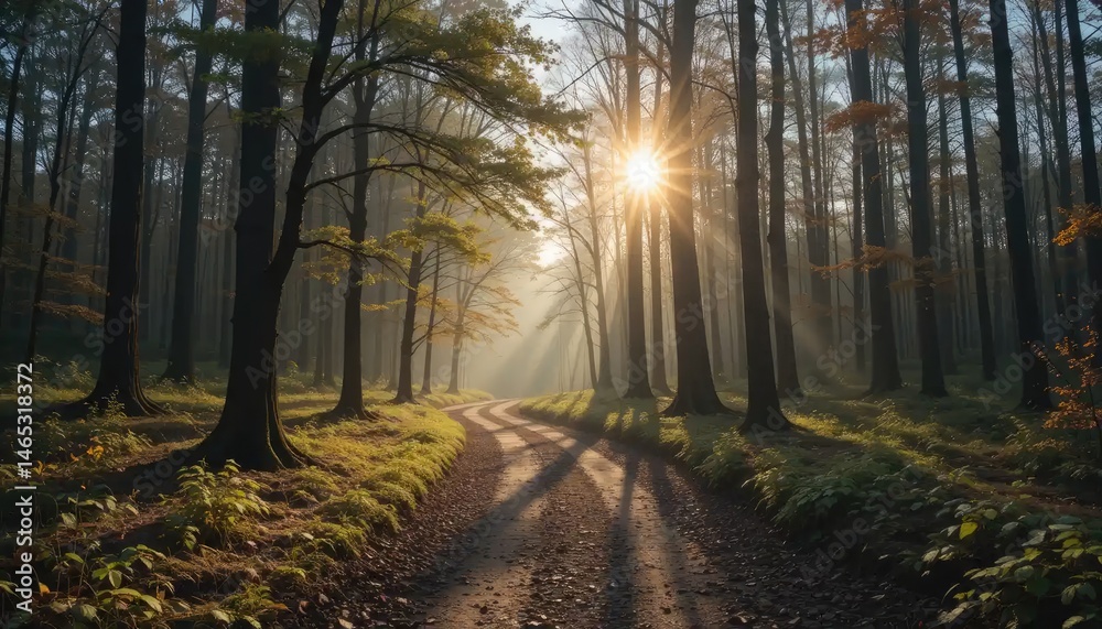 Fototapeta premium Sunbeams Through the Misty Forest Path