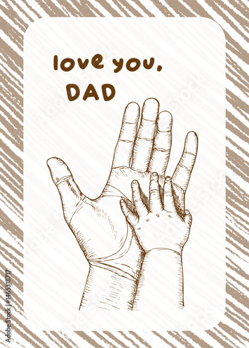 Happy Father's Day sketch outline illustration for greeting card design. The child holds his father's hand drawing in engraving style. Hand drawn vector line art clipart design