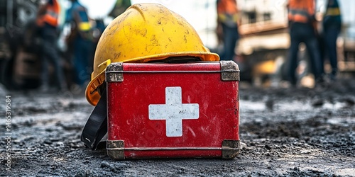 Construction Safety Essentials: First Aid Kit, Hard Hat, and Respirator photo