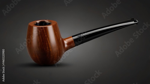 A polished wooden smoking pipe with a black mouthpiece on a dark gray gradient background studio shot