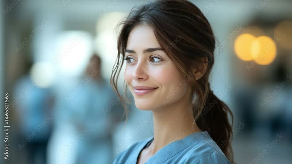 A radiant nurse with gentle eyes gazes, embodying serenity and empathy, her visage reflecting competence and care amidst the hospital environment.