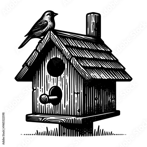 Vintage Hand-Drawn Birdhouse Illustration – Garden Wildlife Engraved Style Vector for T-Shirts, Posters, Stickers, and Nature Apparel