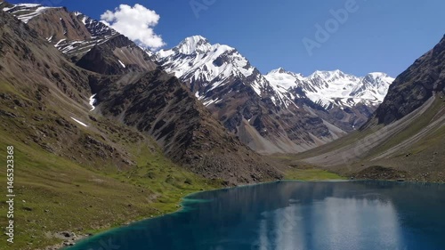 Beautiful view of Tarsar Lake, Jammu and Kashmir with snow-covered mountains, India, Pakistan