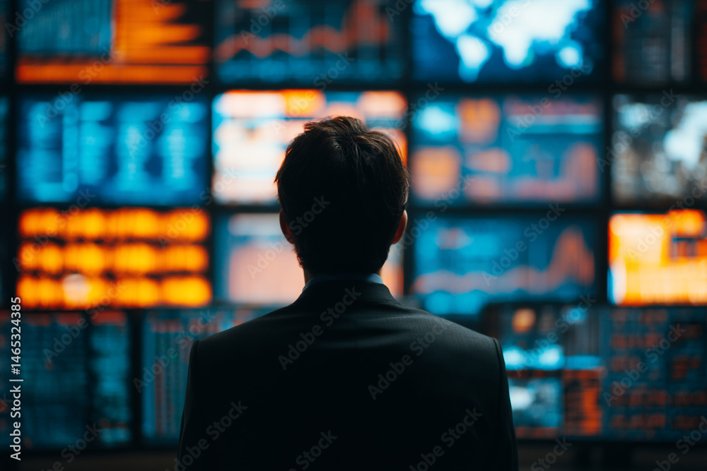Man in suit views numerous screens displaying data graphs, showcasing business analytics and market monitoring, representing financial analysis and decision-making Man in suit views numerous screens displaying data graphs, showcasing business analytics and market monitoring, representing financial analysis and decision-making