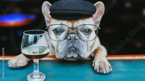 cheerful french bulldog wearing glasses and a bowler