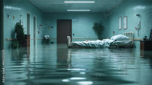 Wallpaper Mural Hospital Hallway in Flood: An unsettling scene unfolds as a hospital hallway is submerged in floodwaters, a lonely bed standing as a stark reminder of vulnerability and the power of nature. Torontodigital.ca