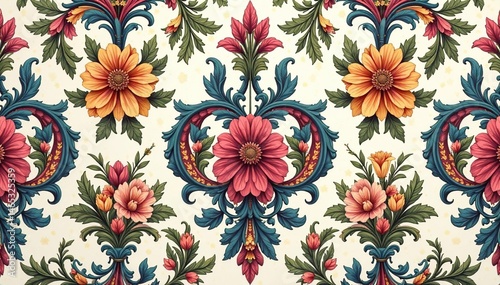 Intricate floral damask pattern, elegant swirls & vines, scroll, ornament