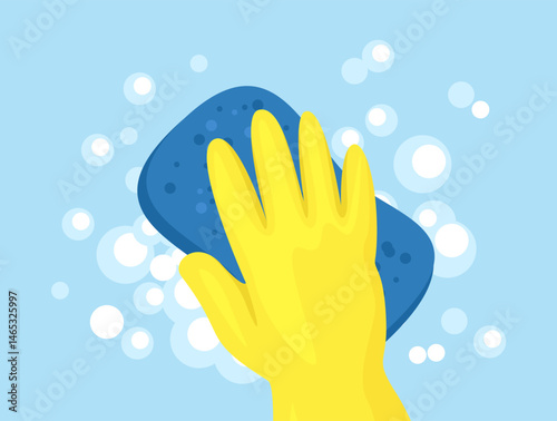 Hand in yellow rubber glove washes surface with sponge in soapy foam. Cleaning concept. Vector cartoon flat illustration.