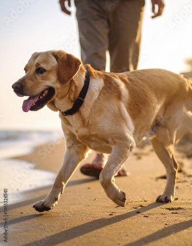 Golden Retriever Enjoying a Sunset Beach Walk Generate by Ai