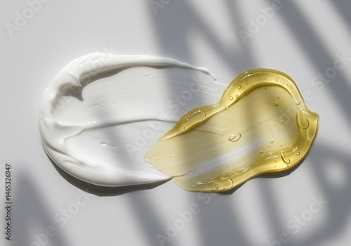 Close up of white cream and yellow gel smears on a surface with leaf shadows creating a soft effect