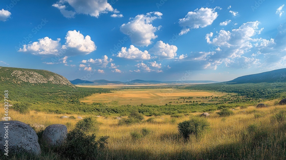 Obraz premium Expansive valley view beneath a vibrant sky. Lush greenery, rolling hills, and open fields create a serene landscape