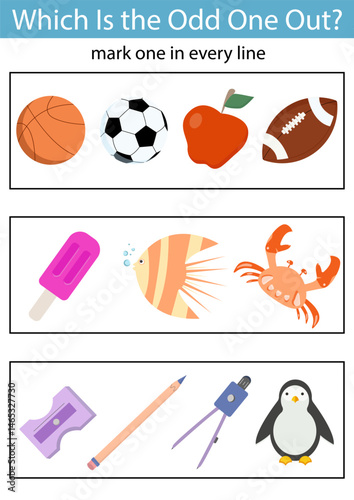 Which is the odd one out? Logical activity for kids. Educational game worksheet for children for attention skills. Find the correct picture.