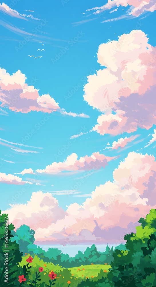 Fototapeta premium Dreamy Pastel Sky Over Lush Green Landscape