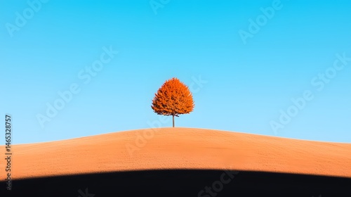 Solitary Orange Tree on a Dry Hill Under a Clear Blue Sky