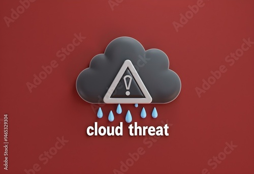 A dark cloud with rain drops and a white warning sign on a red background with the words cloud threat