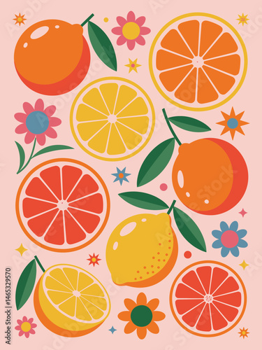 Bright citrus fruits and vibrant flowers create a lively and colorful pattern.