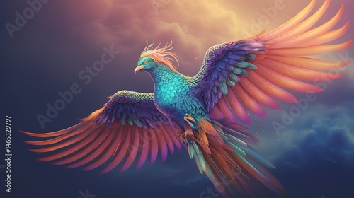 Colorful mythical bird in flight