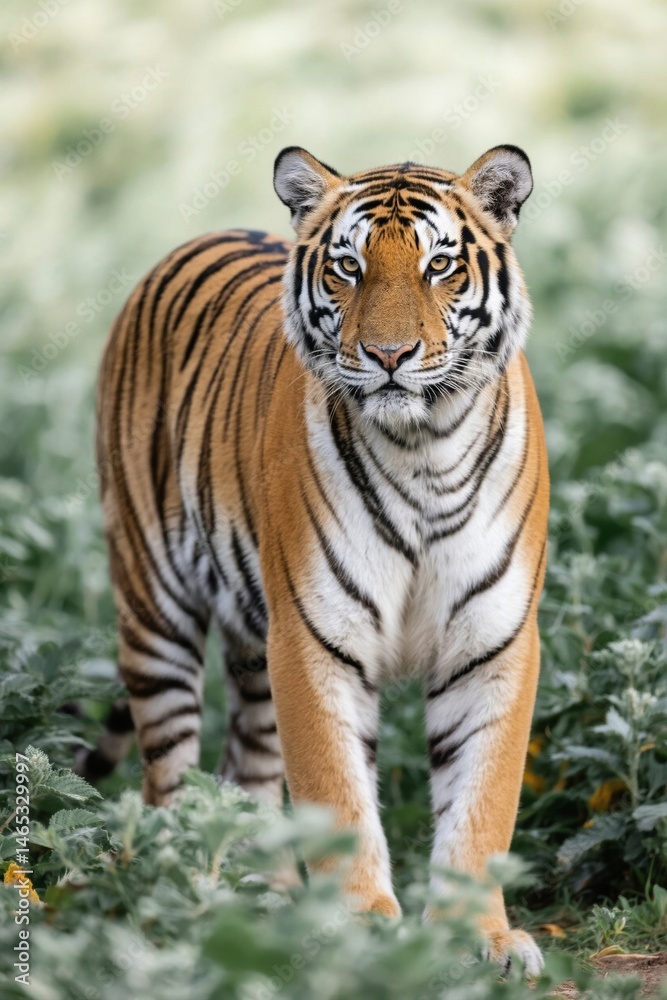 Obraz premium there is a tiger walking through a field of green grass