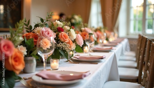 Elegant floral arrangements adorn wedding reception tables , weddingflowers, modern photo