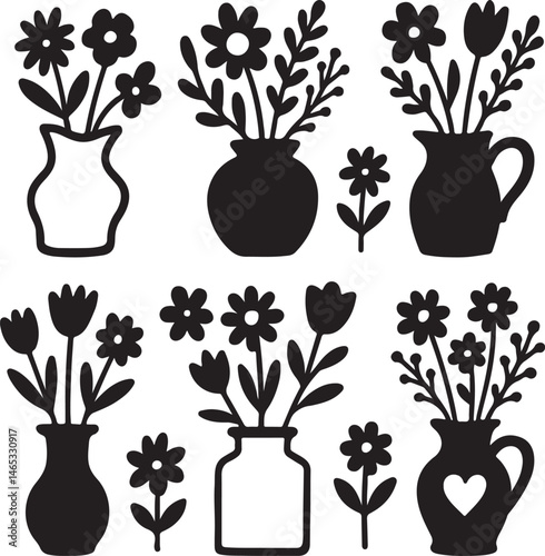 Whimsical vases bouquets with flowers hand drawn icon collection silhouette design vector art illustration.