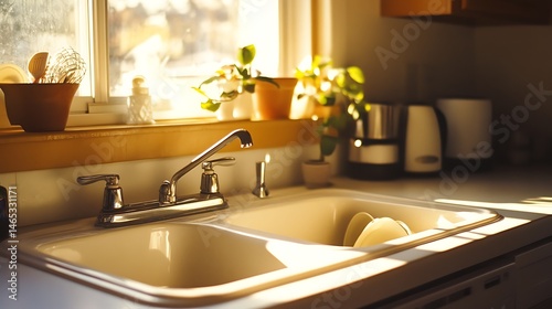 Sunlight streams into a cozy kitchen sink area.