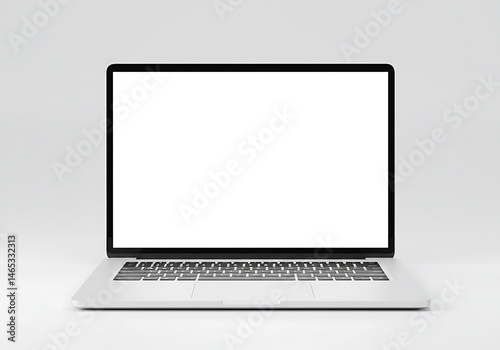 A minimalist laptop with a blank white screen displayed on a plain white background for design mockups use
