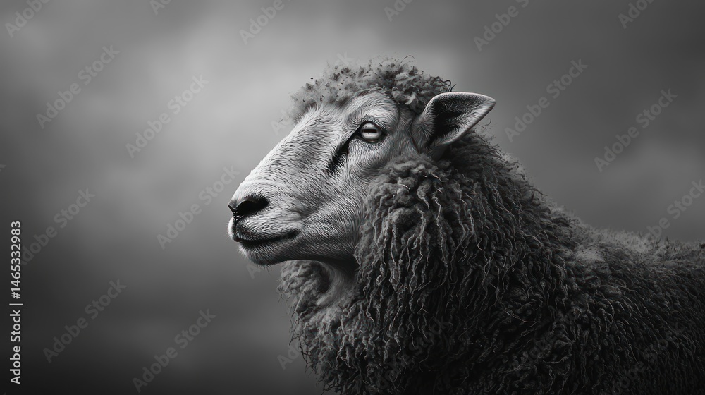 Obraz premium An old, wise sheep with a slightly graying wool coat, staring thoughtfully into the distance.