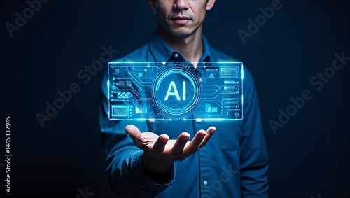 Person holding a holographic AI interface in blue lighting.
