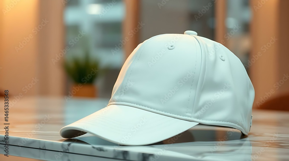 White Baseball Cap on Shiny Table Indoor Setting - Mockup White Baseball Cap on Shiny Table Indoor Setting - Mockup