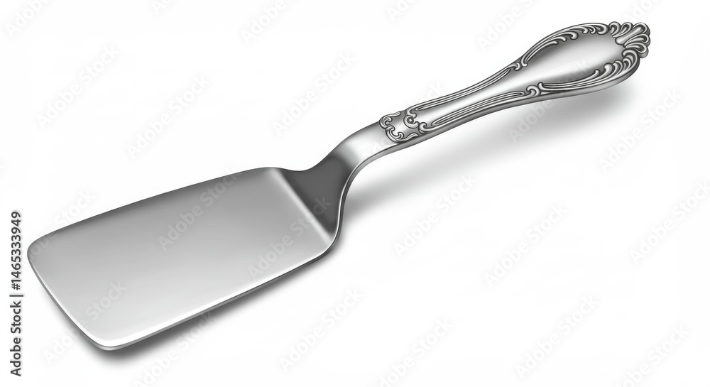 Fototapeta premium Ornate Metal Spatula for Cooking and Serving - Elegant metal spatula, ideal for cooking, baking, and serving. Symbolizing craftsmanship, culinary skill, kitchen elegance, refined taste
