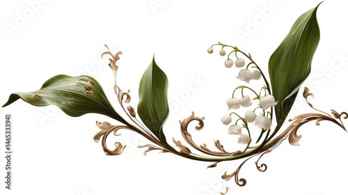 Isolated artistic rendering of Lily of the Valley wrapped in elegant flourishes, transparent