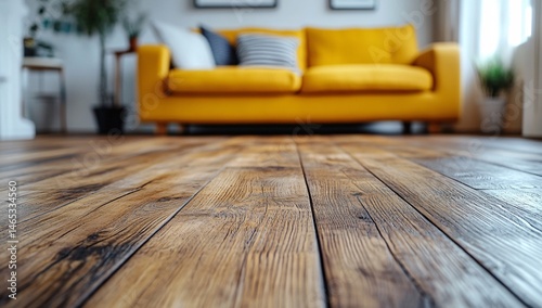 Rustic Wooden Floor and Vibrant Yellow Sofa Creating a Cozy Ambience photo