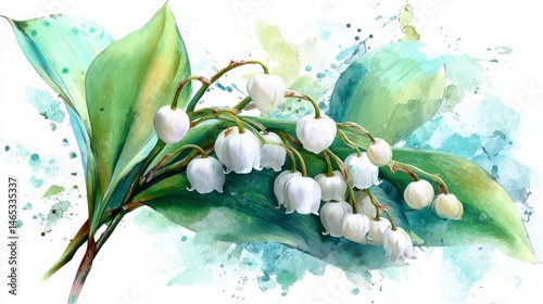 Soft Lily of the Valley floral artwork with watercolor strokes, super-resolution
