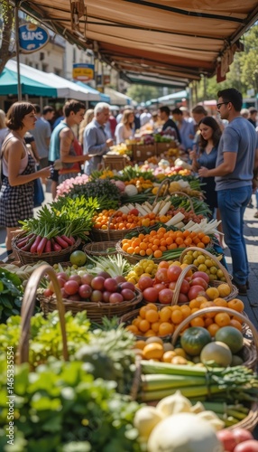 Colorful local farmer’s market with fresh spring vegetables, handmade baskets, cheerful people and natural sunlight in vibrant candid street style Generative AI