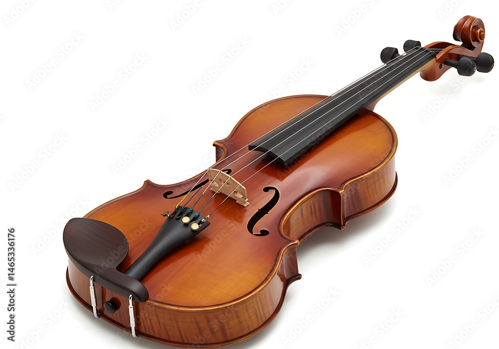 Fototapeta premium Close up of a brown violin with black strings and tuning pegs on a white background surface view