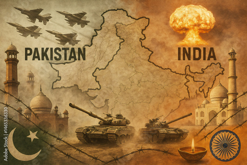 Illustration depicting India-Pakistan conflict with military tanks, fighter jets, barbed wire, and cultural landmarks, symbolizing tension, division, and historical significance.