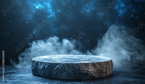 Futuristic Stone Platform Illuminated Under a Starry Night Sky photo