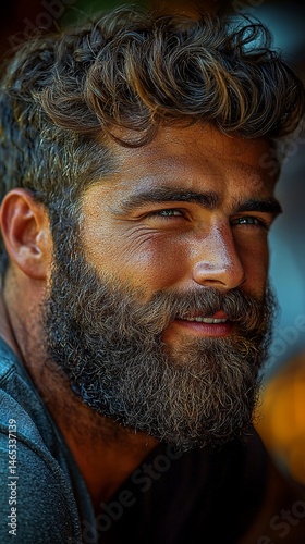 Close-up portrait of man with curly hair and thick beard