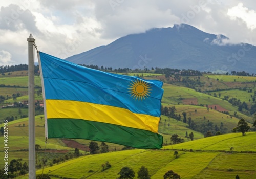 Waving Rwandan Flag Symbolizing Hope and Unity Over the Verdant Rolling 'Land of a Thousand Hills'