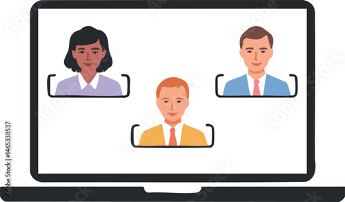 Illustration of a virtual meeting showing diverse individuals attending a video conference on a laptop screen, symbolizing connectivity,