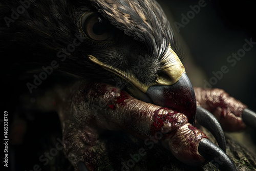 Close-up view of a predatory bird's bloody talons.