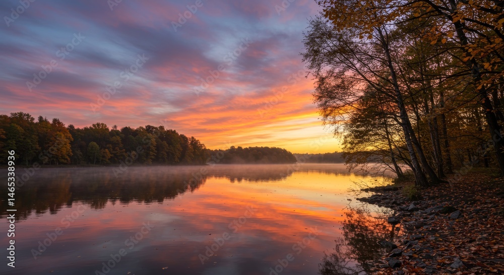 Fototapeta premium Serene Autumn Sunset Over Lake - Breathtaking sunrise over a tranquil lake, reflecting vibrant autumn colors in the still water. Misty morning adds to the serene atmosphere