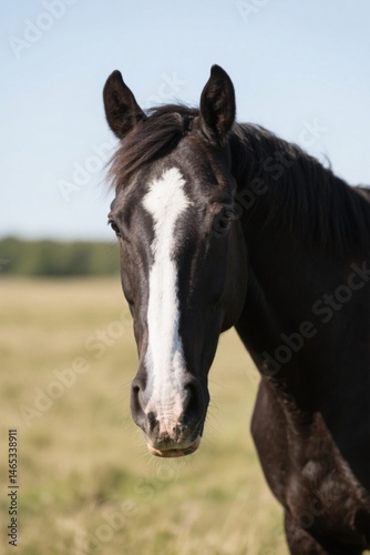 there is a black horse standing in a field with a white stripe